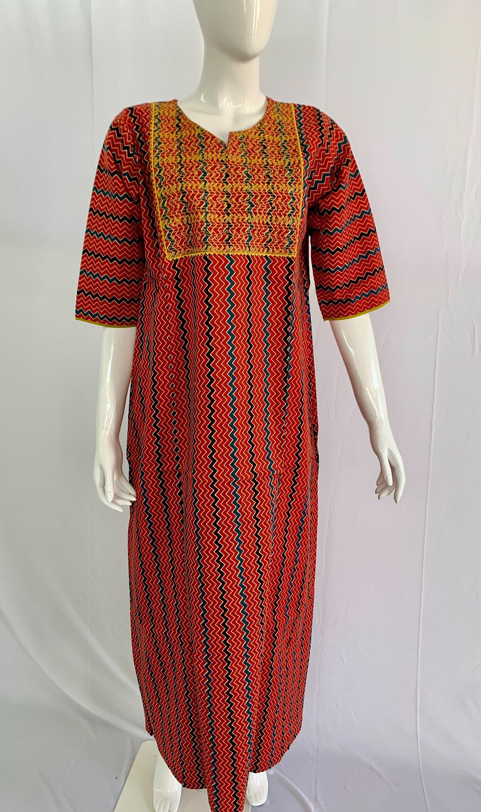 PONNIS Cotton A-line Embroidery Nighty with Front Zip and Mobile Pocket