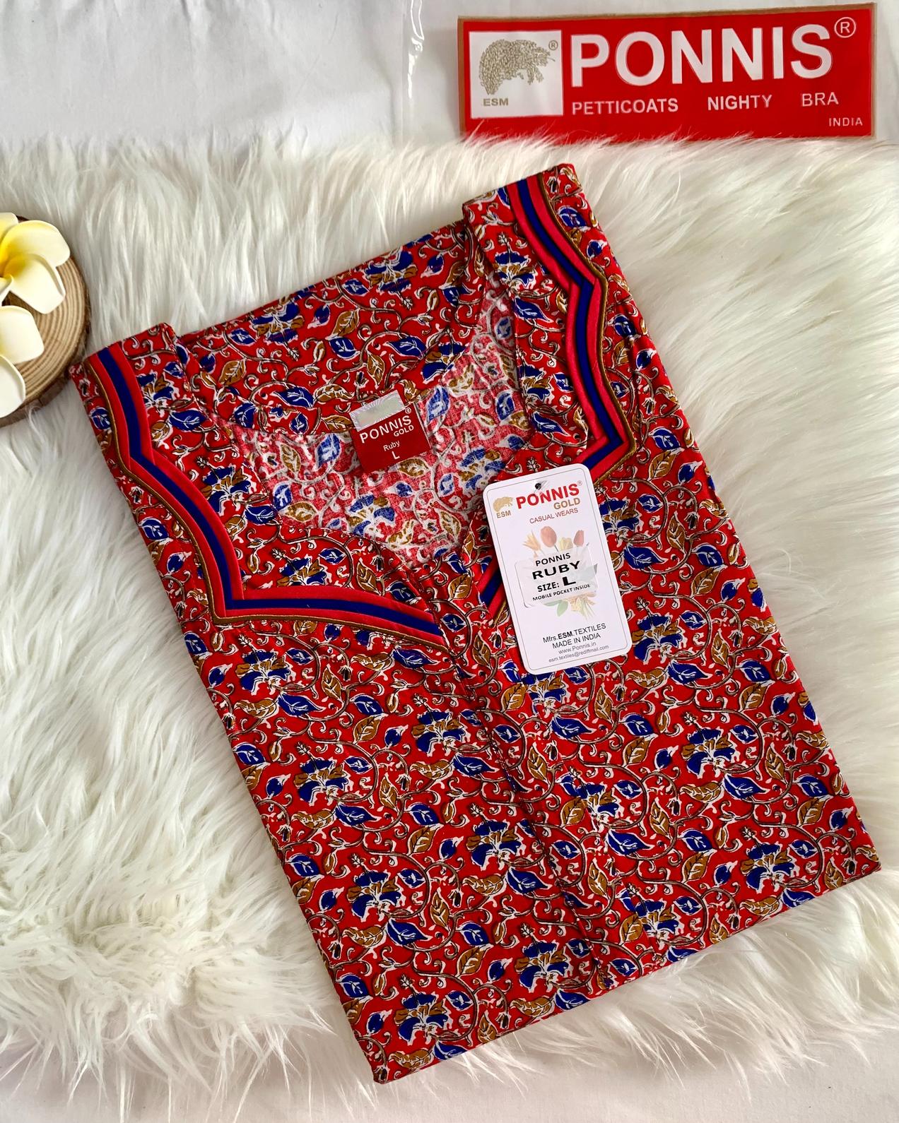 PONNIS Premium Cotton A-line Nighty with Front Zip and Floral design (Ruby)