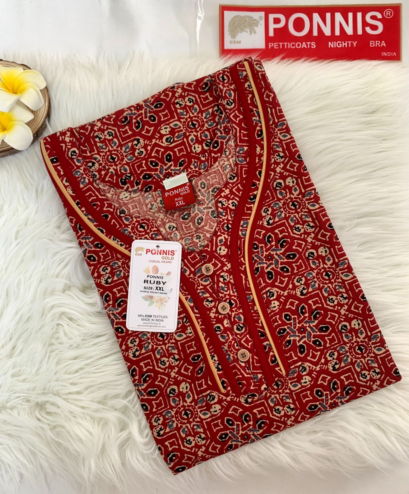 PONNIS Premium Cotton A-line Nighty with Front Zip and Floral design (Ruby)