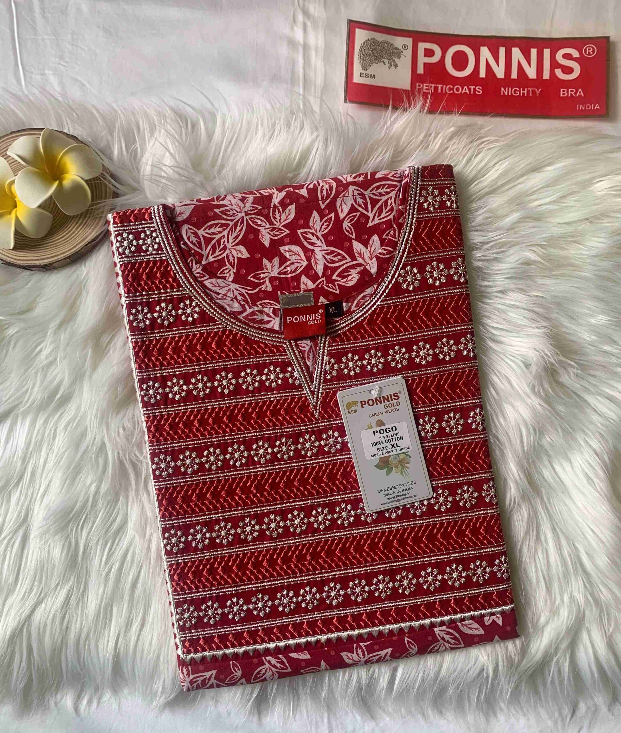 PONNIS Cotton A-line Embroidery Nighty with Front Zip and Mobile Pocket - Image 2