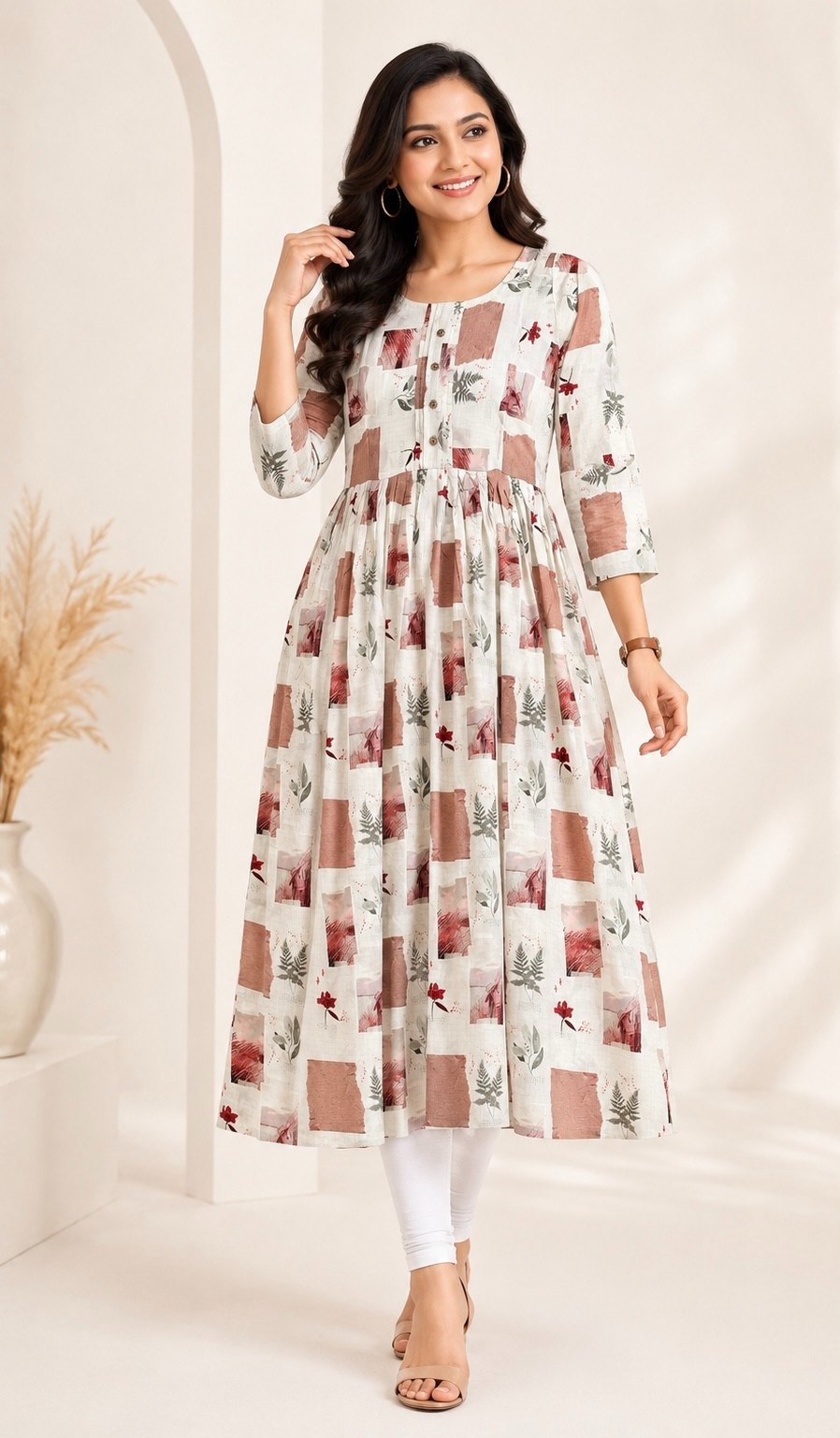 PONNIS Rayon Anarkali Front Pleated Top with Mobile Pocket and Show Button
