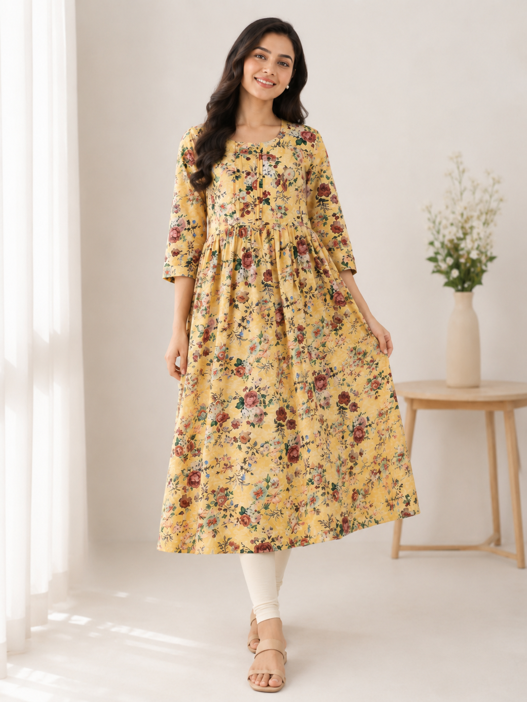 PONNIS Rayon Anarkali Front Pleated Top with Mobile Pocket and Show Button