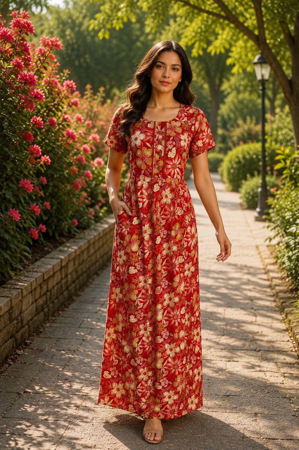 PONNIS Rayon Long Maxi Nighty with floral print and sidepocket for all-day comfort/331