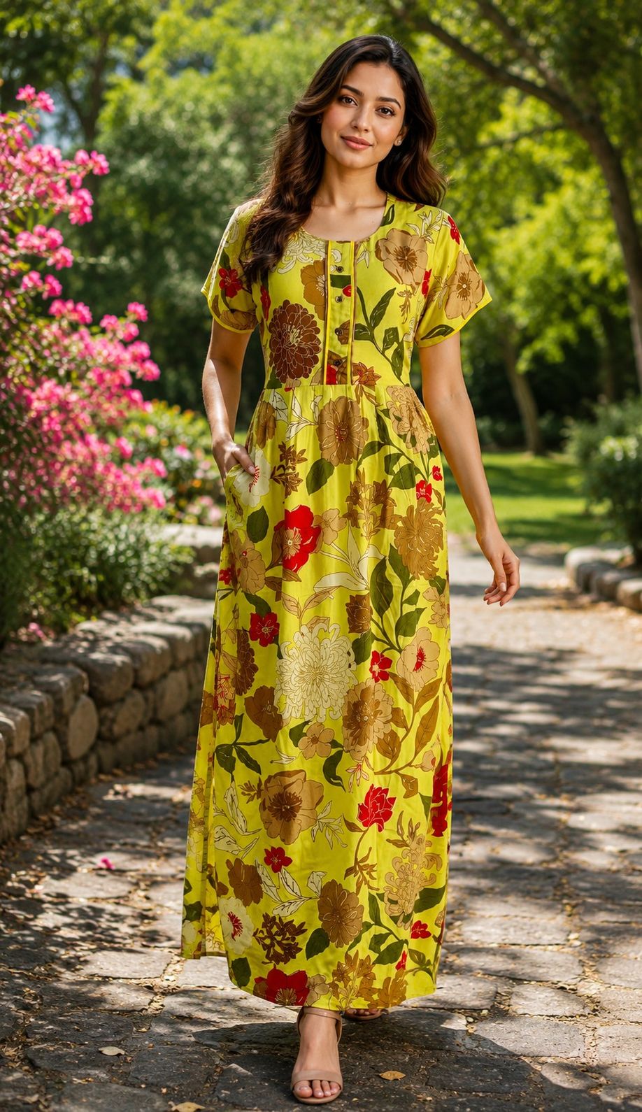 PONNIS Rayon Long Maxi Nighty with floral print and sidepocket for all-day comfort/330