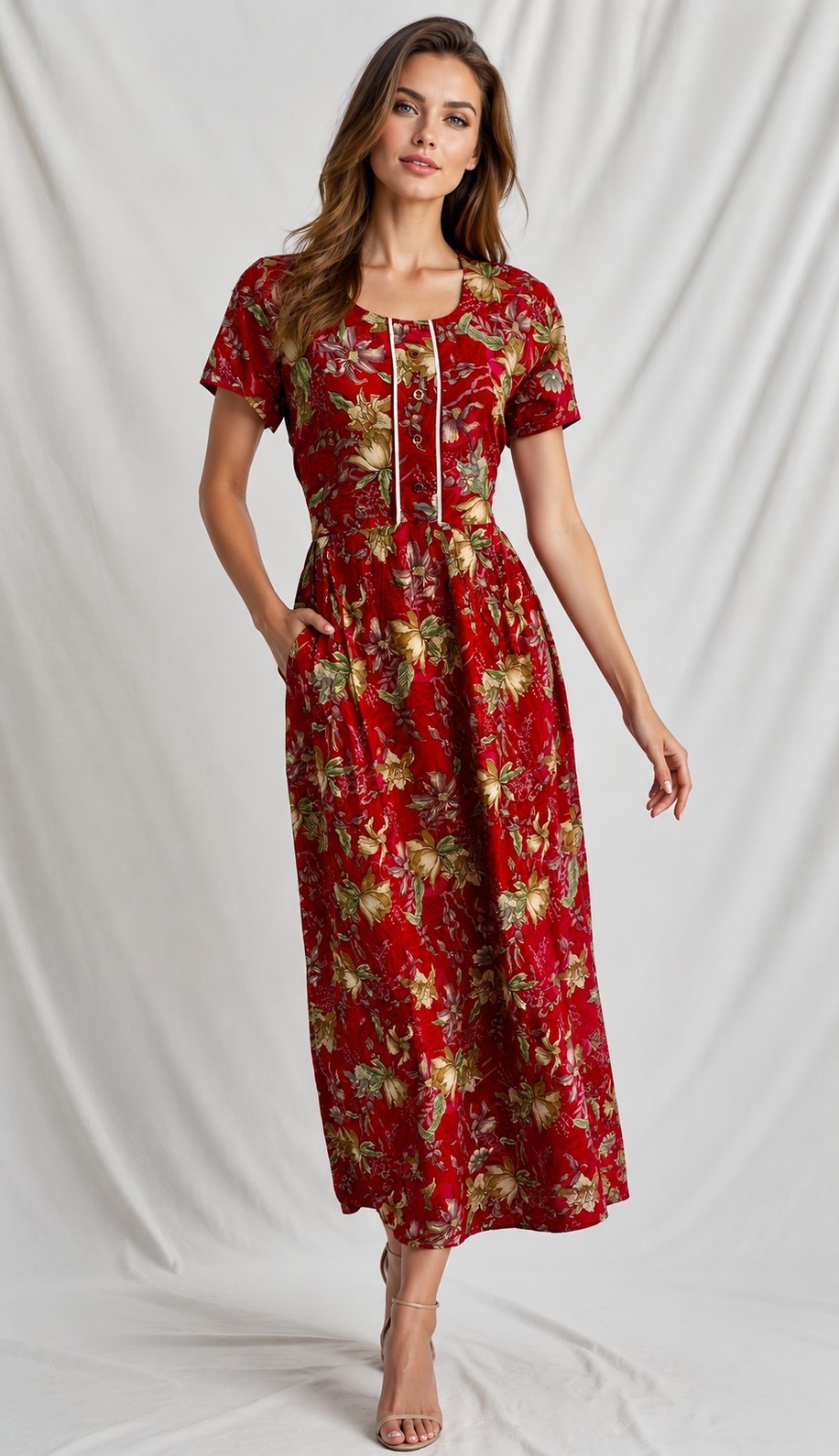 PONNIS Rayon Long Maxi Nighty with floral print and sidepocket for all-day comfort/317