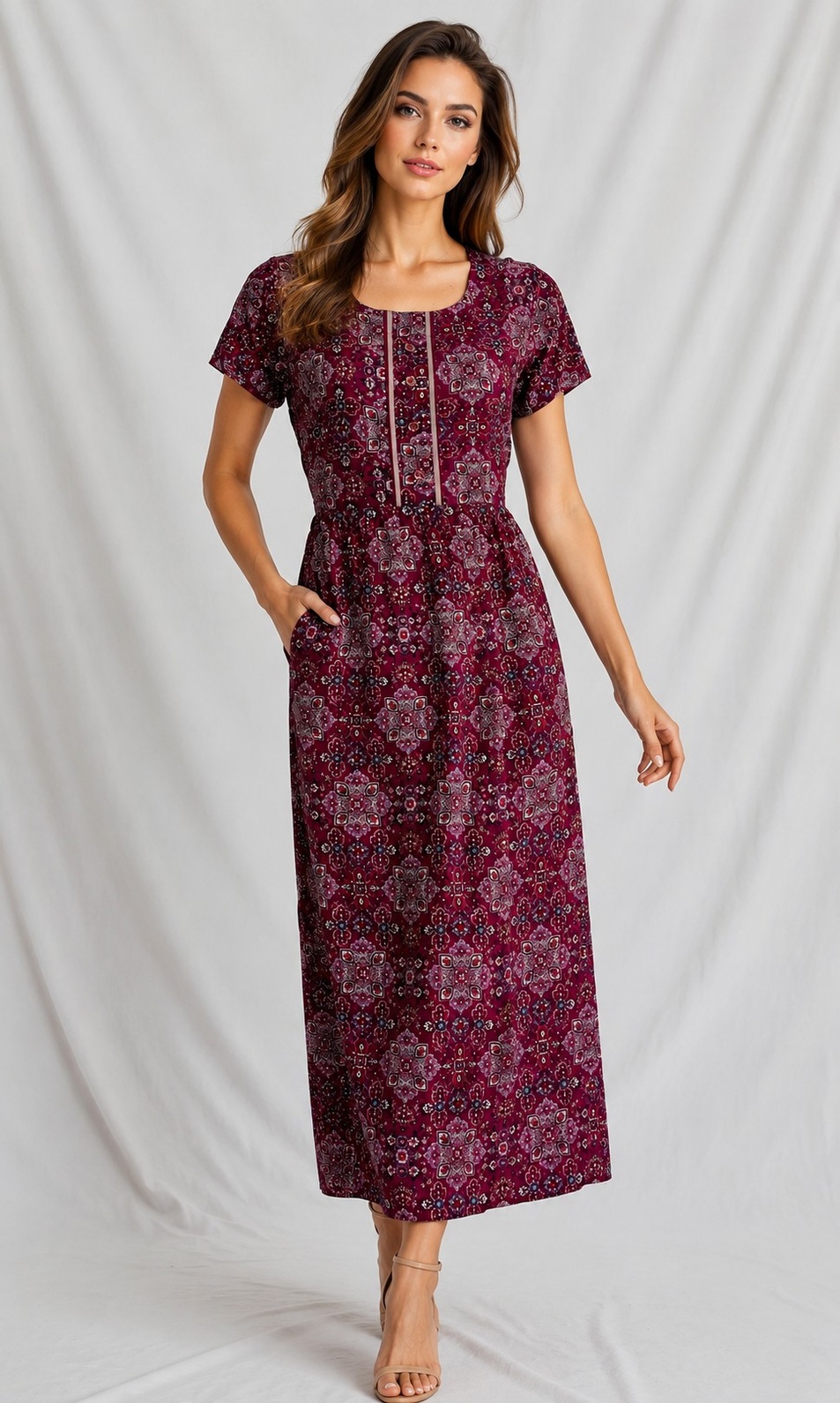 PONNIS Rayon Long Maxi Nighty with floral print and sidepocket for all-day comfort/318