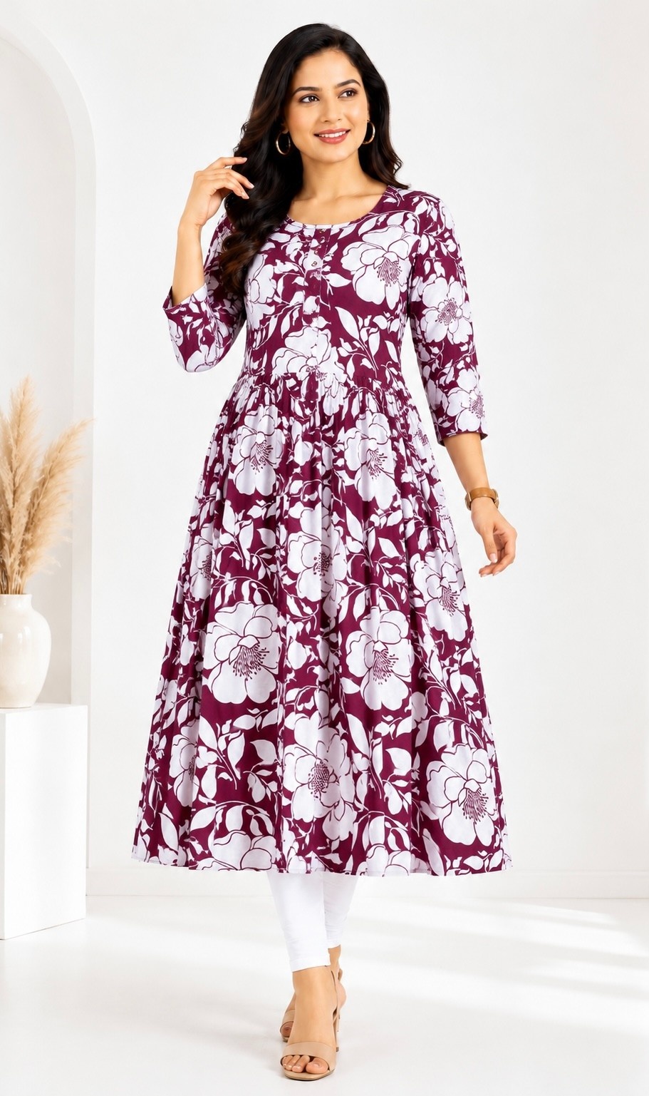 PONNIS Rayon Anarkali Front Pleated Top with Mobile Pocket and Show Button