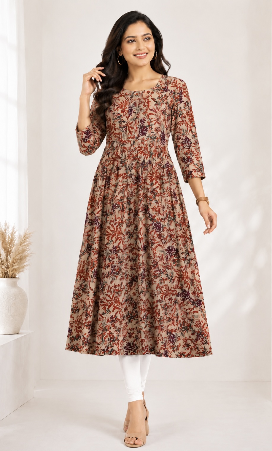 PONNIS Rayon Anarkali Front Pleated Top with Mobile Pocket and Show Button