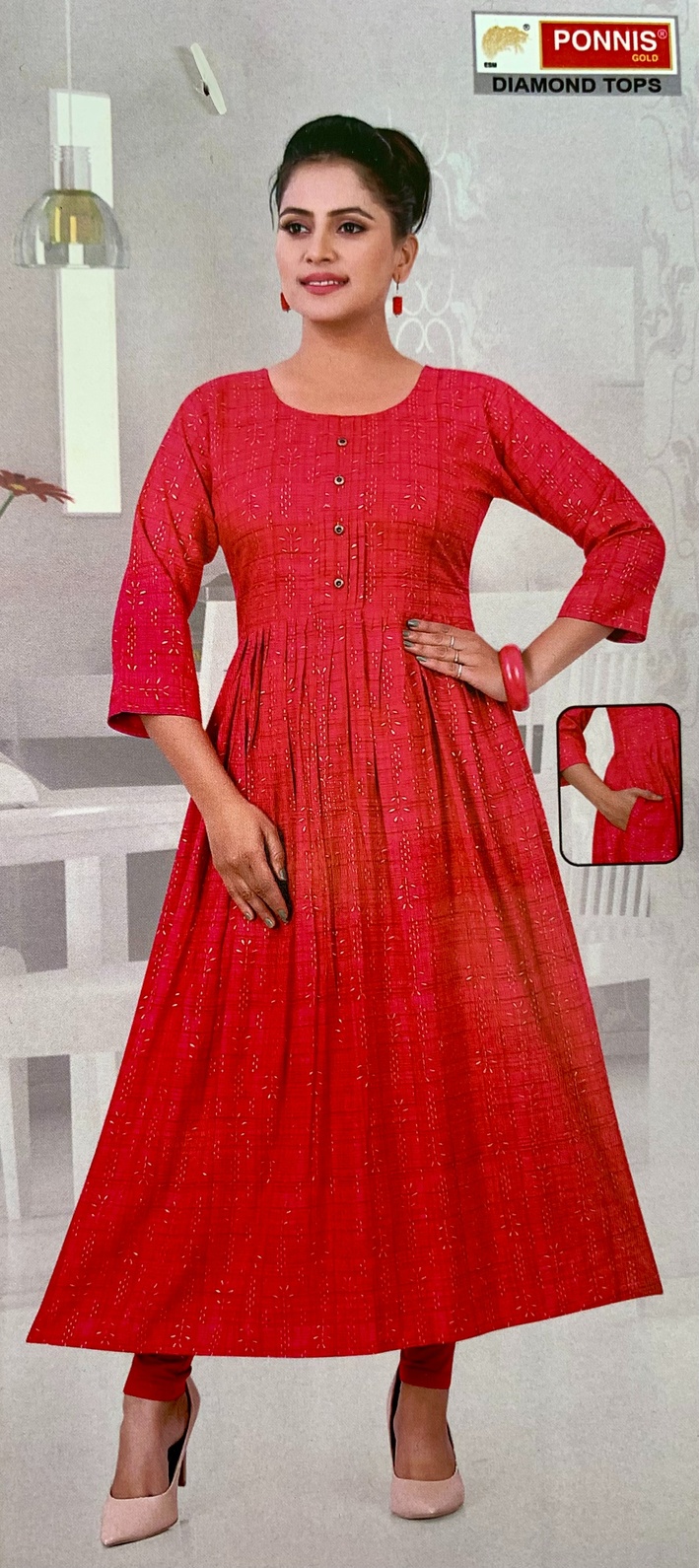 PONNIS Rayon Anarkali Front Pleated Top with Mobile Pocket and Show Button - Image 2