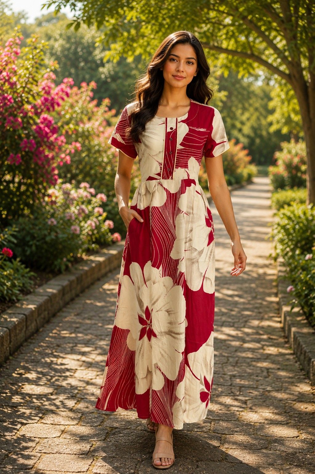 PONNIS Rayon Long Maxi Nighty with floral print and sidepocket for all-day comfort/321