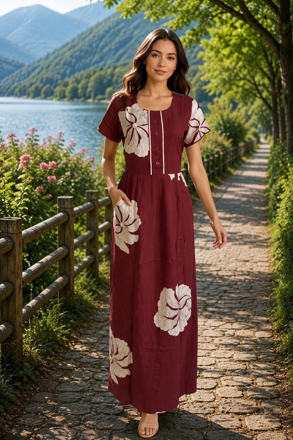 PONNIS Rayon Long Maxi Nighty with floral print and sidepocket for all-day comfort/313