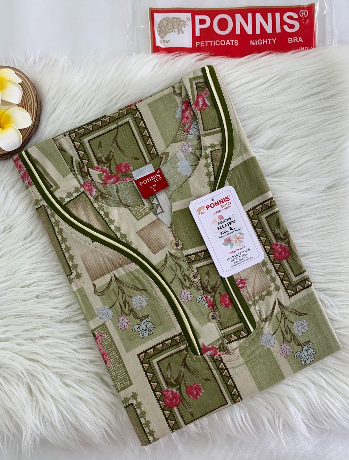 PONNIS Premium Cotton A-line Nighty with Front Zip and Floral design (Ruby)