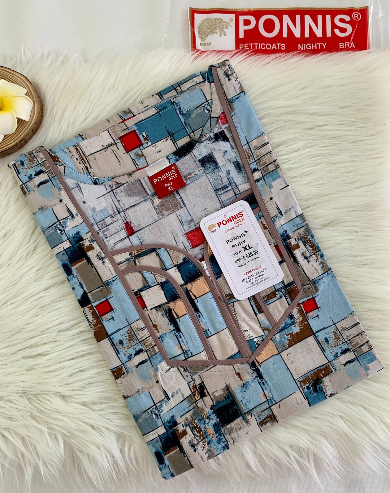 PONNIS Premium Cotton A-line Nighty with Front Zip and Floral design (Ruby)