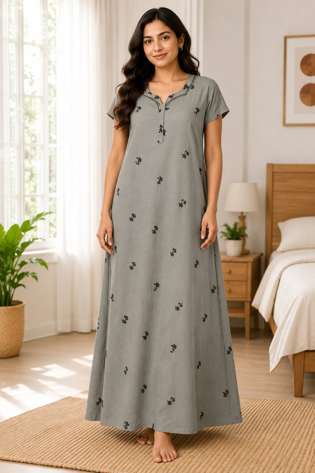PONNIS Premium Women's A-line Cotton Nightwear with Front Laze and Zip Detailing Nighty (Cotton Combed)/4
