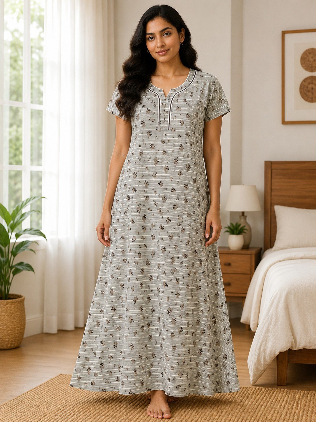 PONNIS Premium Women's A-line Cotton Nightwear with Front Laze and Zip Detailing Nighty (Cotton Combed)/5