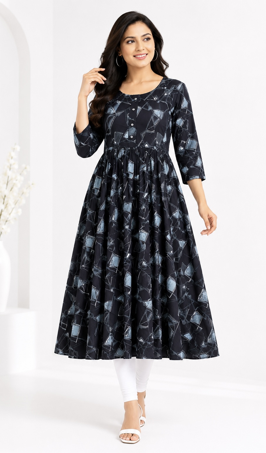 PONNIS Rayon Anarkali Front Pleated Top with Mobile Pocket and Show Button(Diamond)