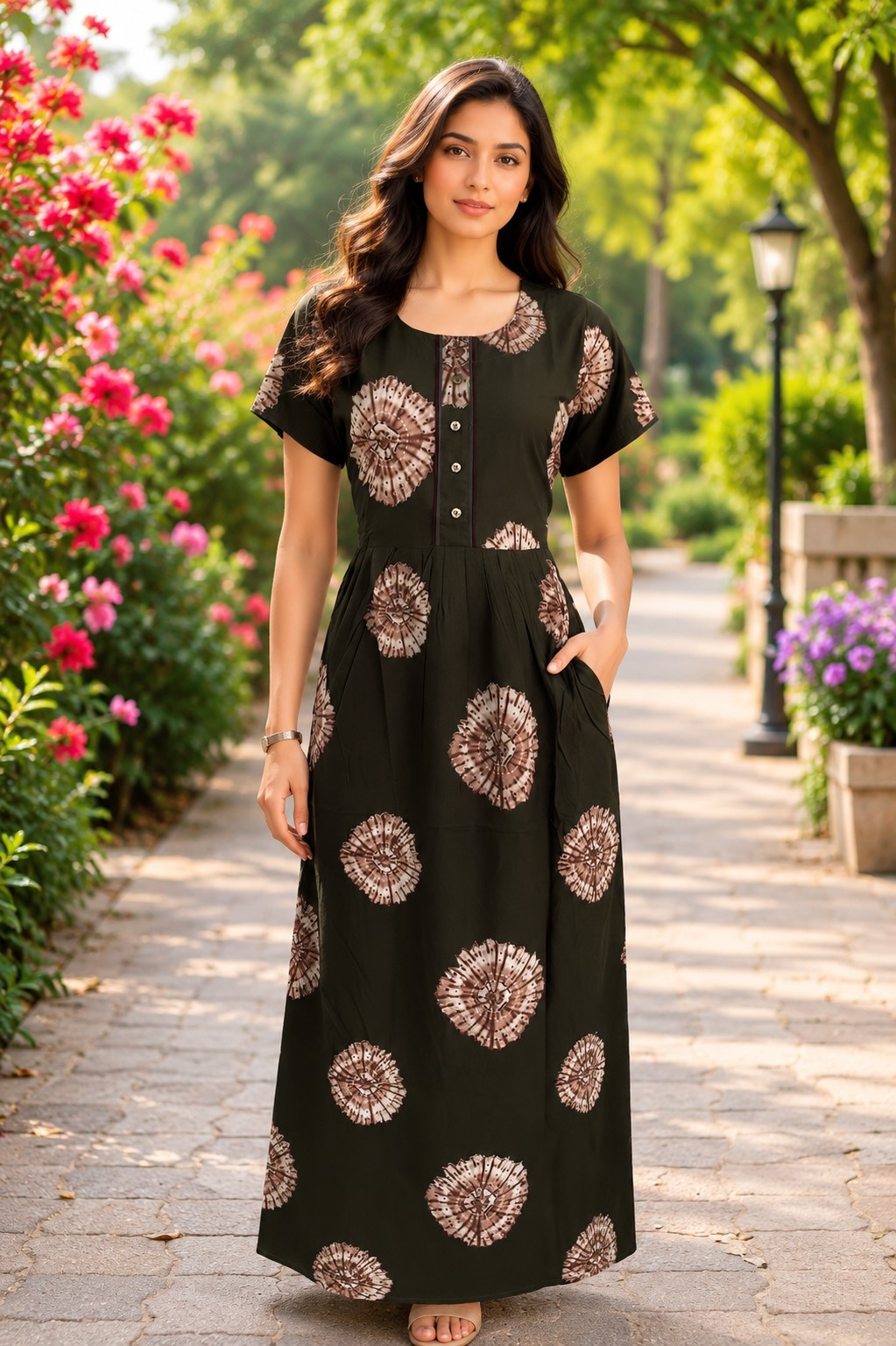PONNIS Rayon Long Maxi Nighty with floral print and side pocket for all-day comfort/324