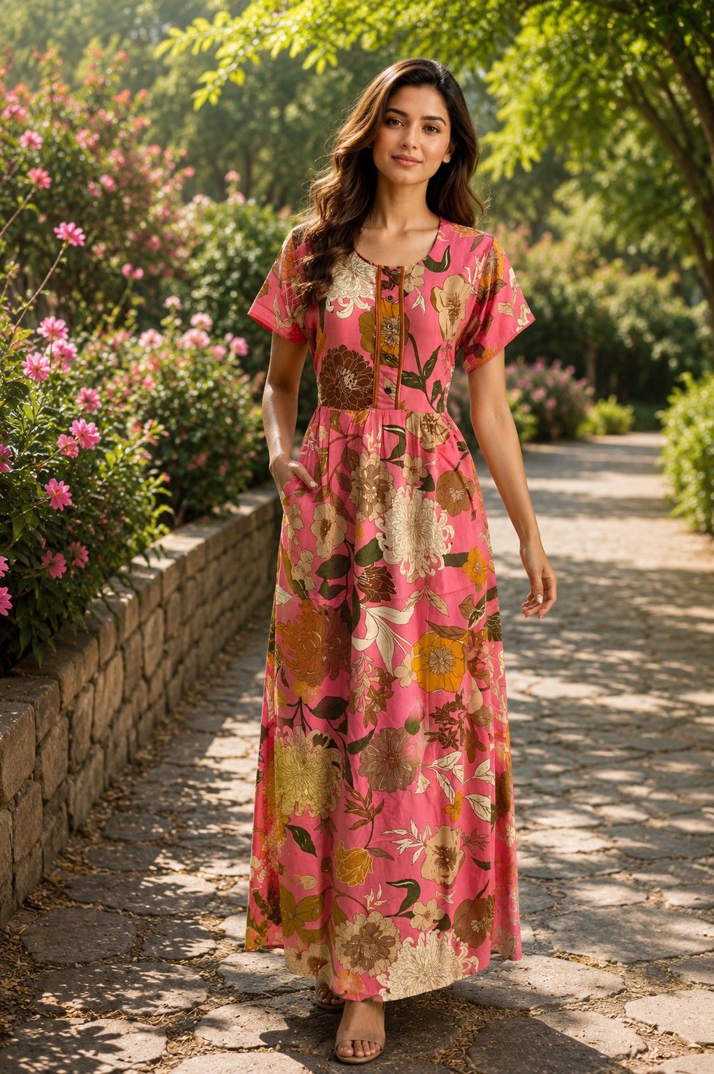 PONNIS Rayon Long Maxi Nighty with floral print and sidepocket for all-day comfort/325