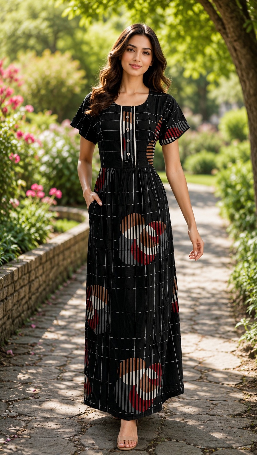 PONNIS Rayon Long Maxi Nighty with floral print and sidepocket for all-day comfort/326