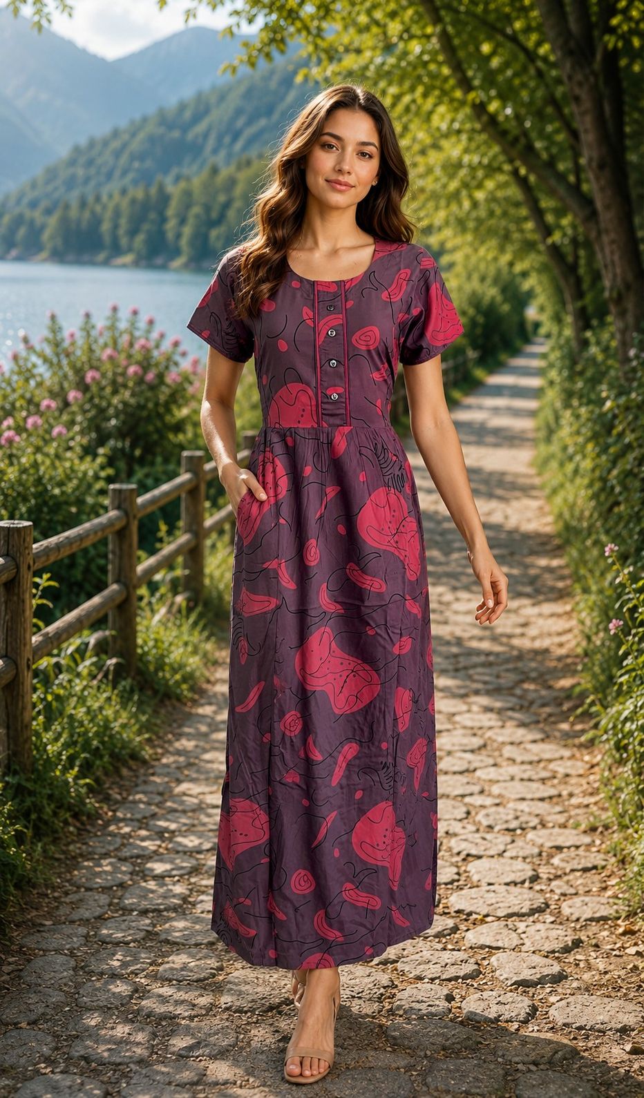 PONNIS Rayon Long Maxi Nighty with floral print and side pocket for all-day comfort/315