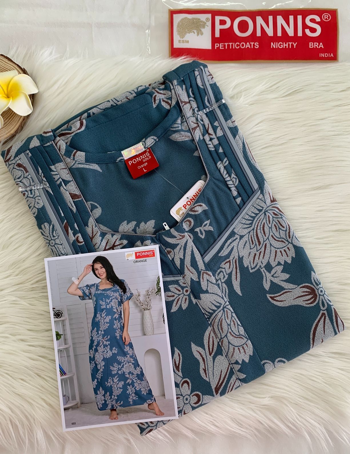 PONNIS Premium Alphine Nighty with Front Zipper and Stylish Piping (Orange)