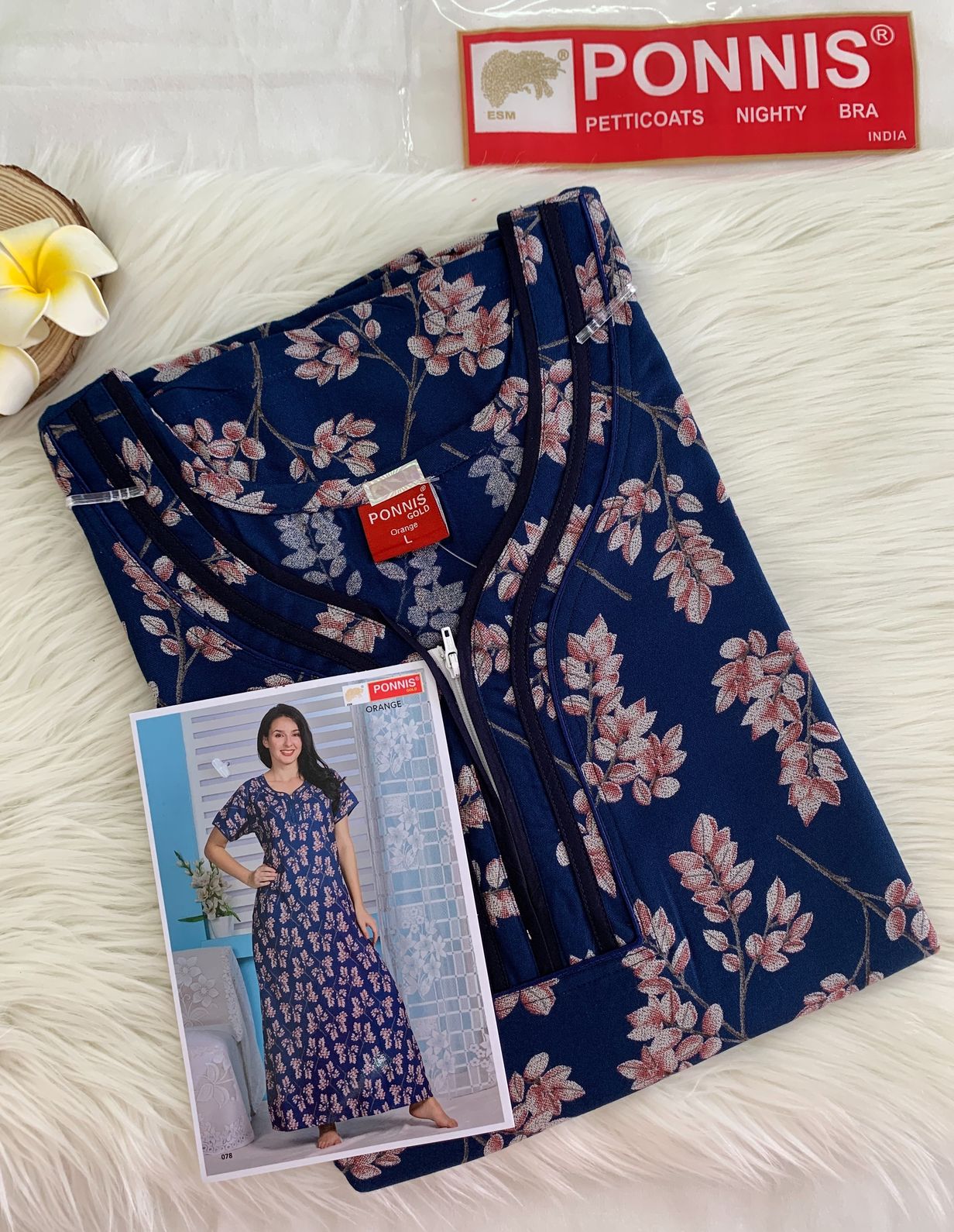 PONNIS Premium Alphine Nighty with Front Zipper and Stylish Piping (Orange)