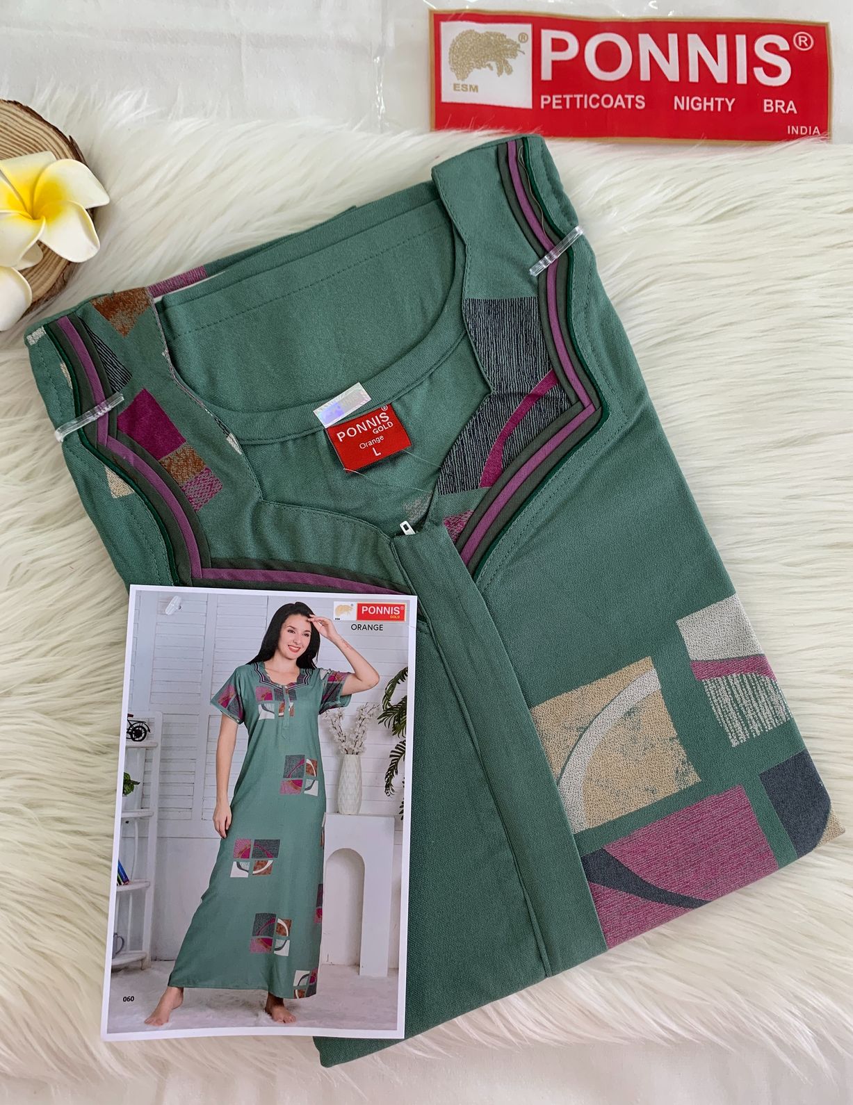 PONNIS Premium Alphine Nighty with Front Zipper and Stylish Piping (Orange)