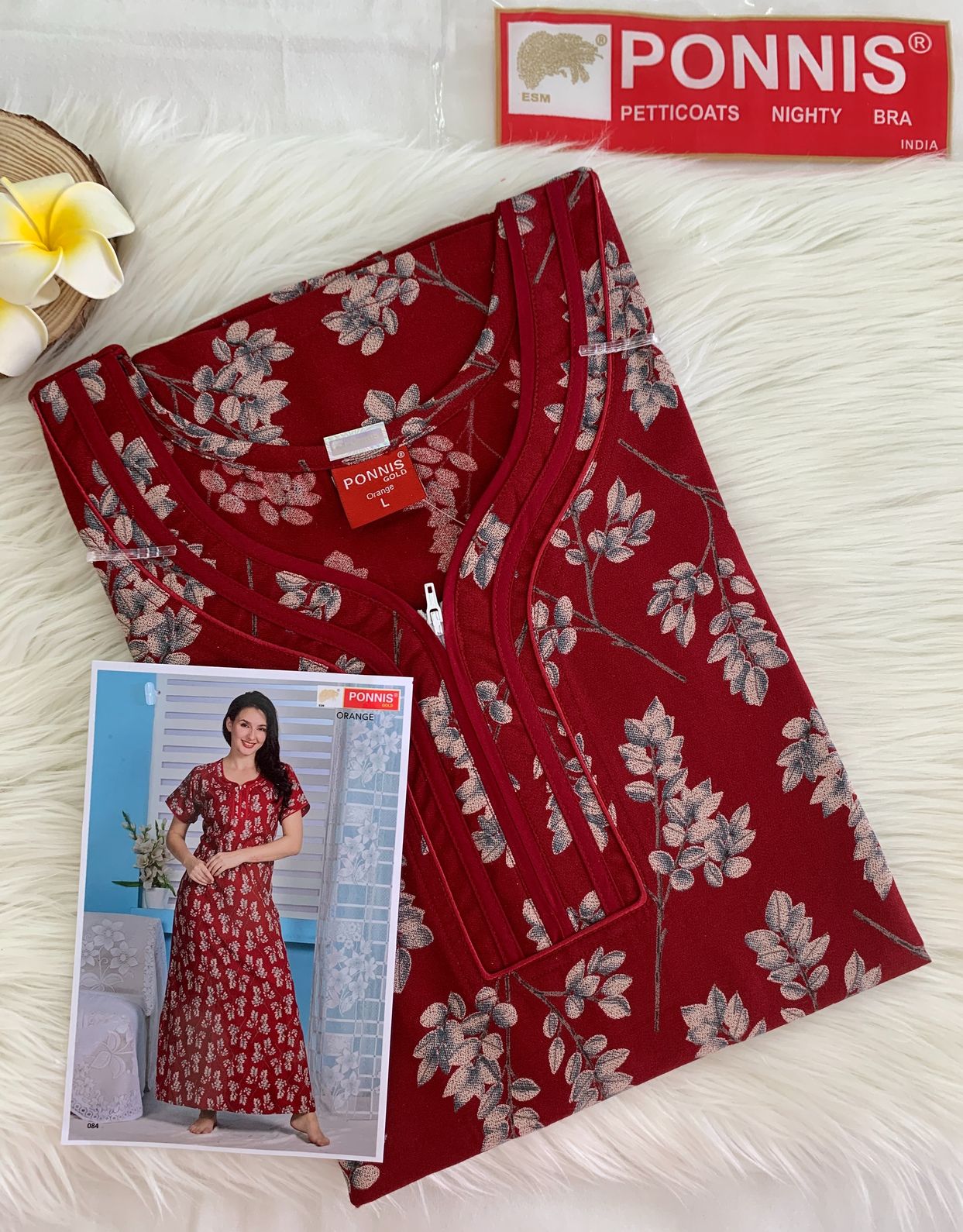 PONNIS Premium Alphine Nighty with Front Zipper and Stylish Piping (Orange)