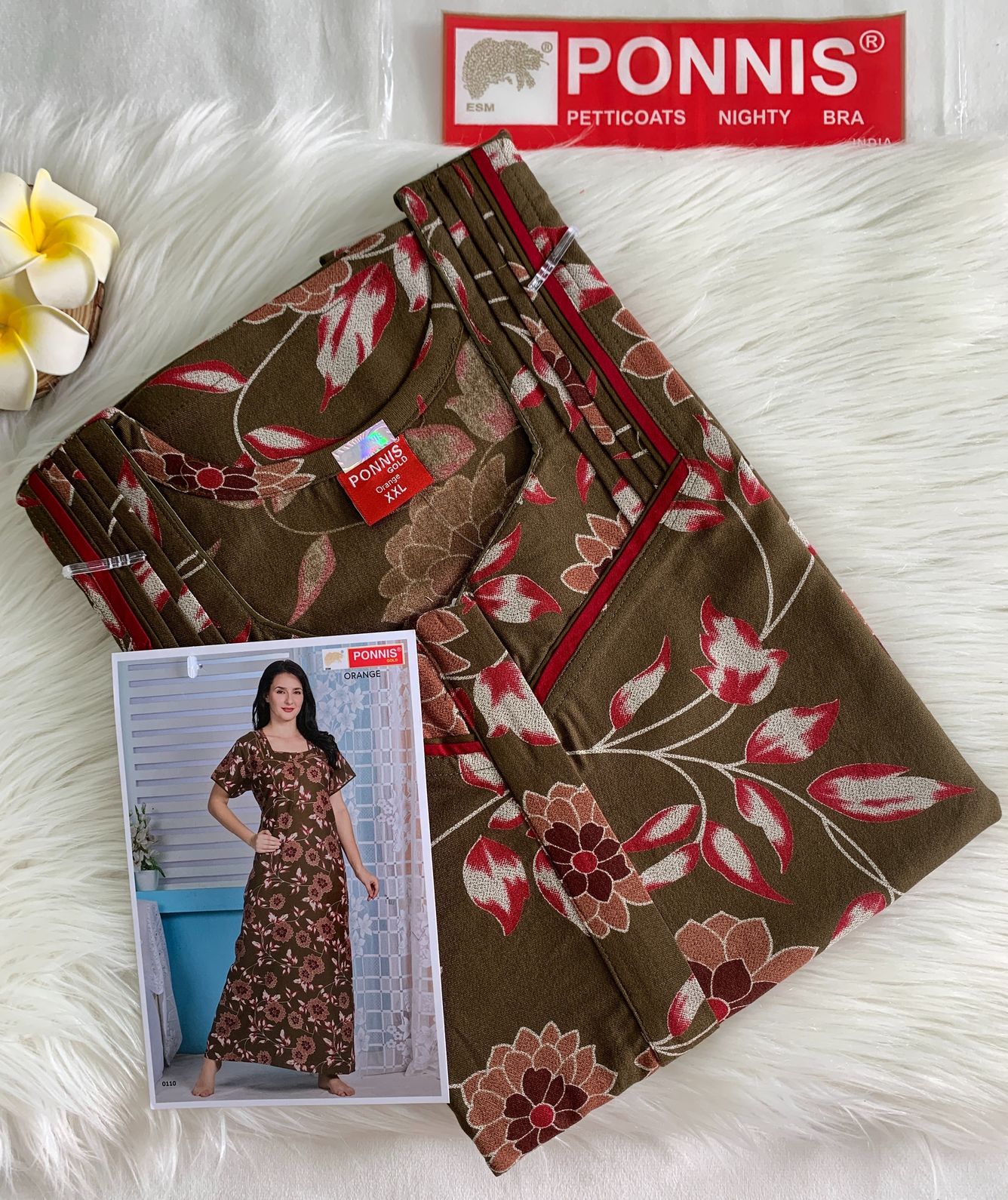 PONNIS Premium Alphine Nighty with Front Zipper and Stylish Piping (Orange)