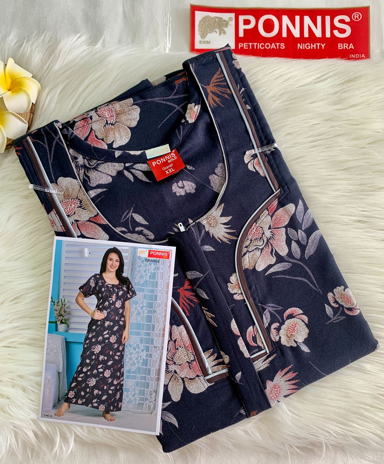 PONNIS Premium Alphine Nighty with Front Zipper and Stylish Piping (Orange)