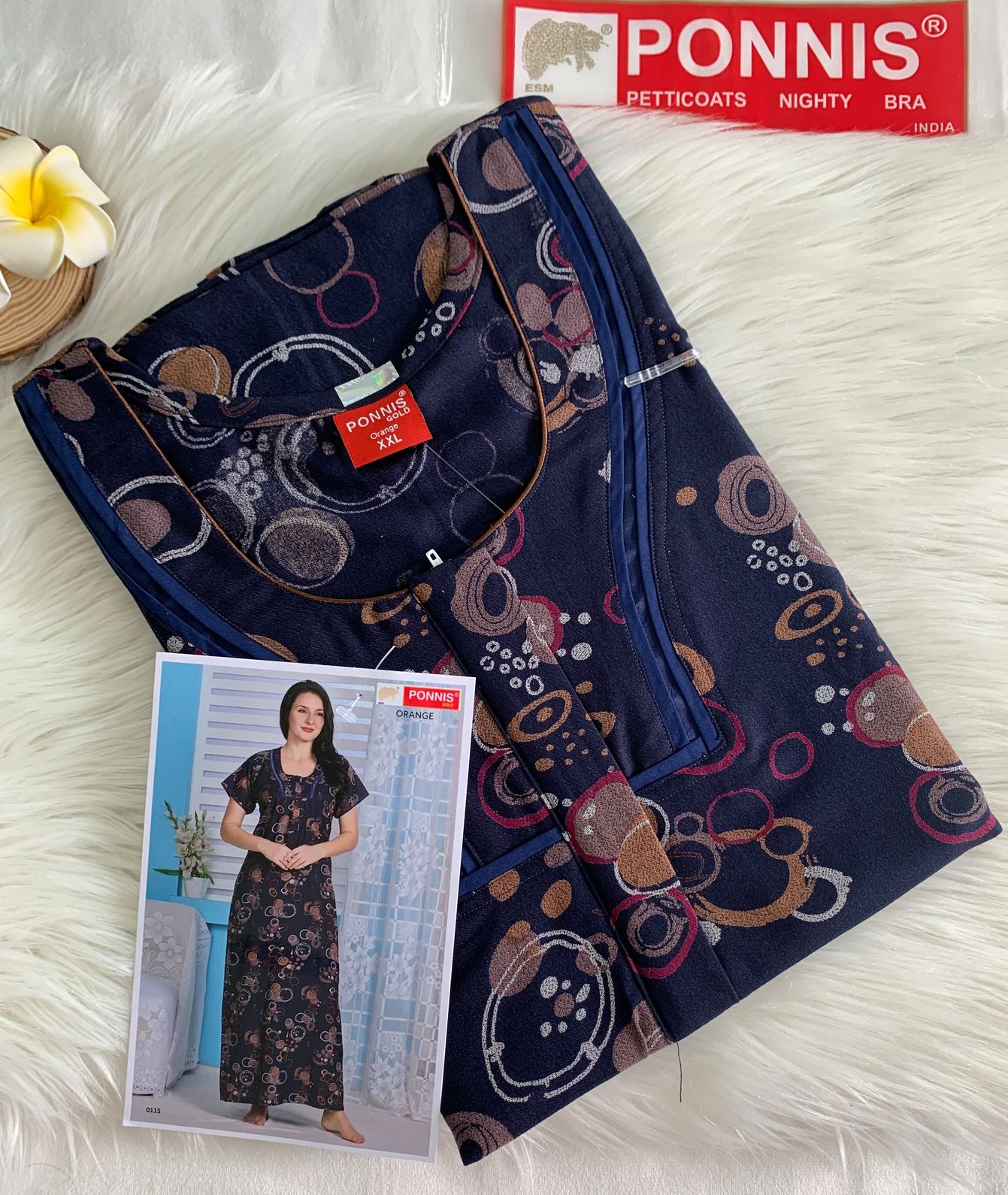 PONNIS Premium Alphine Nighty with Front Zipper and Stylish Piping (Orange)