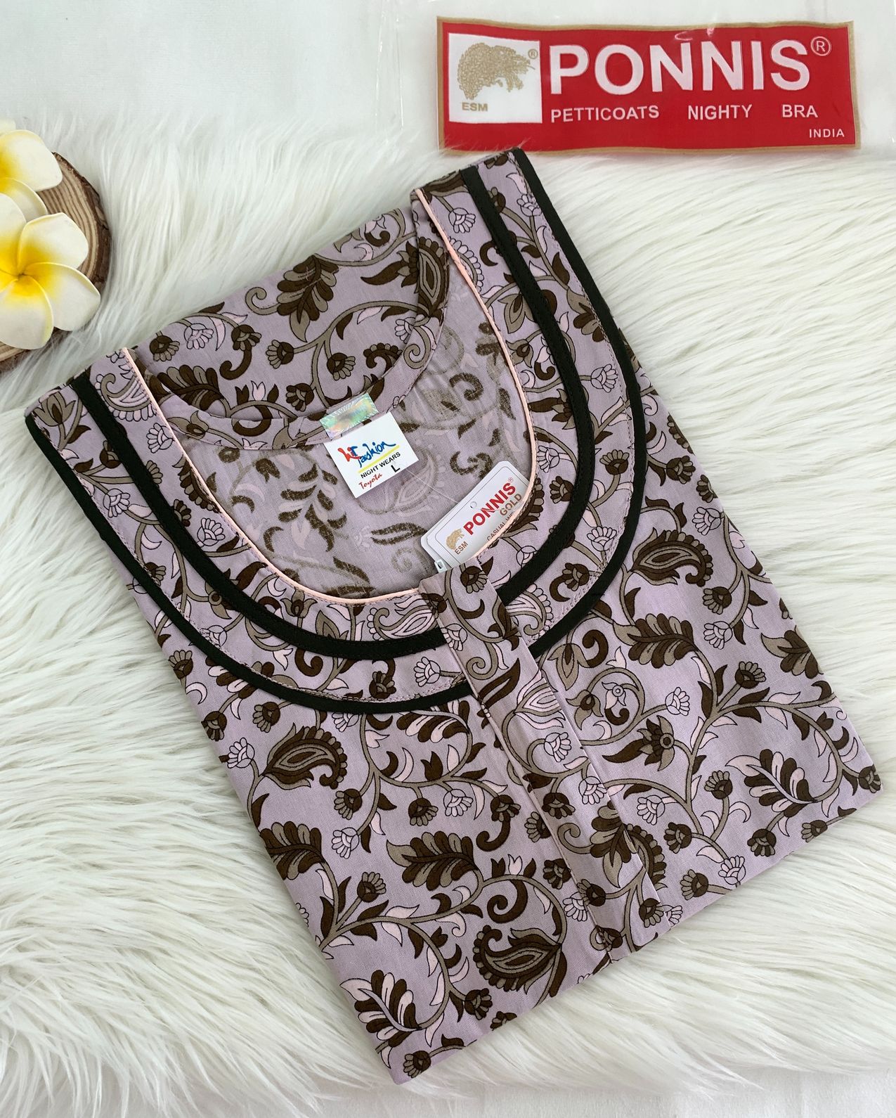 PONNIS Women’s Cotton A-line Printed Detailing Nighty with Lace and Front Zip inside Mobile Pocket (Toyota)/534 - Image 3