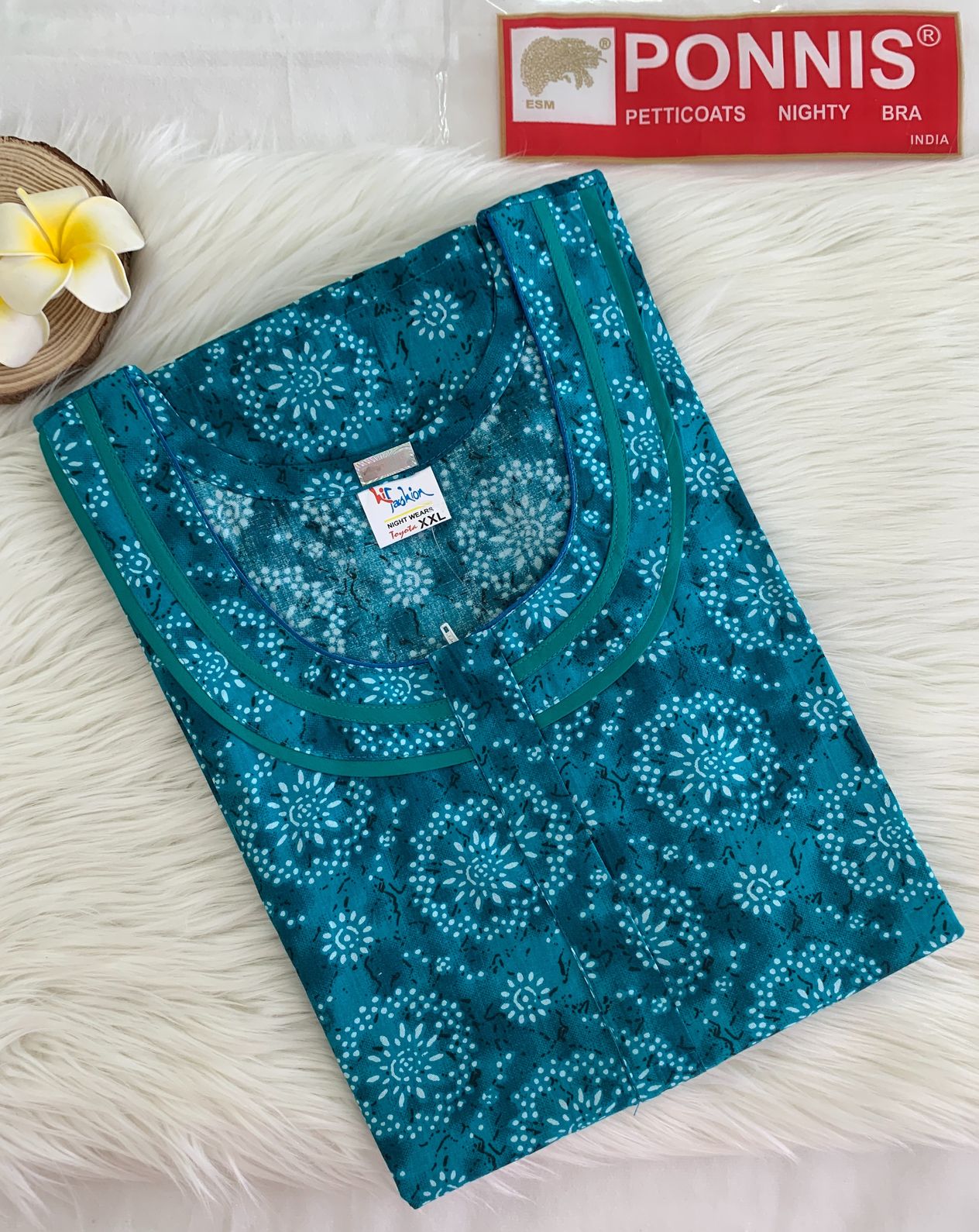 PONNIS Women’s Cotton A-line Printed Detailing Nighty with Lace and Front Zip inside Mobile Pocket (Toyota)/551 - Image 3