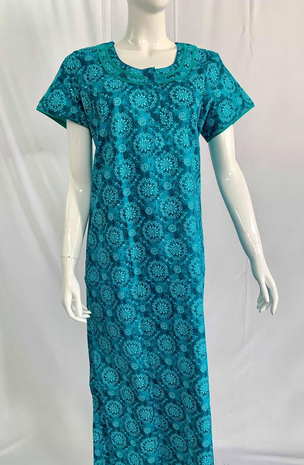 PONNIS Women’s Cotton A-line Printed Detailing Nighty with Lace and Front Zip inside Mobile Pocket (Toyota)/551