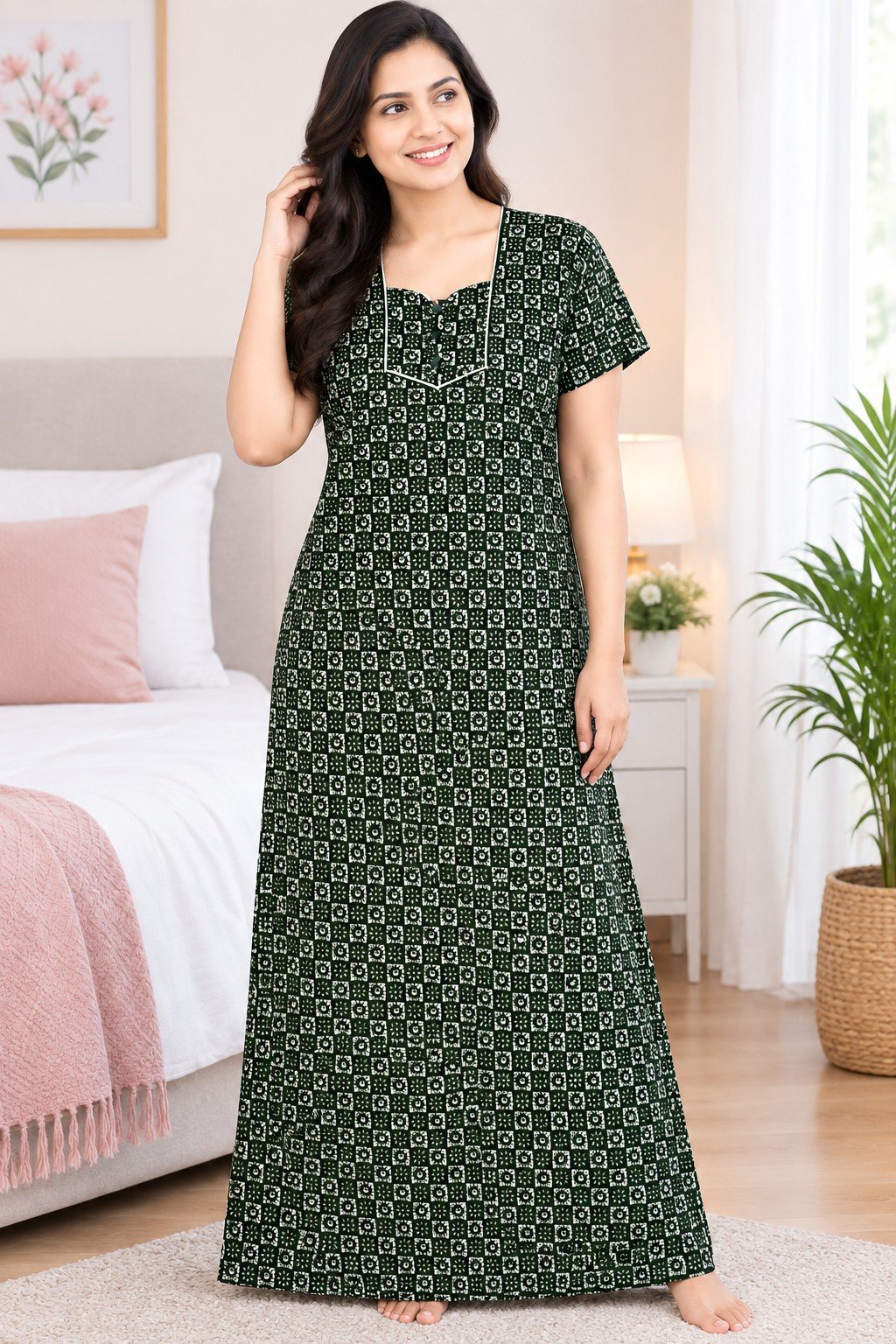 PONNIS Premium Cotton A-line Nighty with Front Zip and Floral design (Ruby)/106