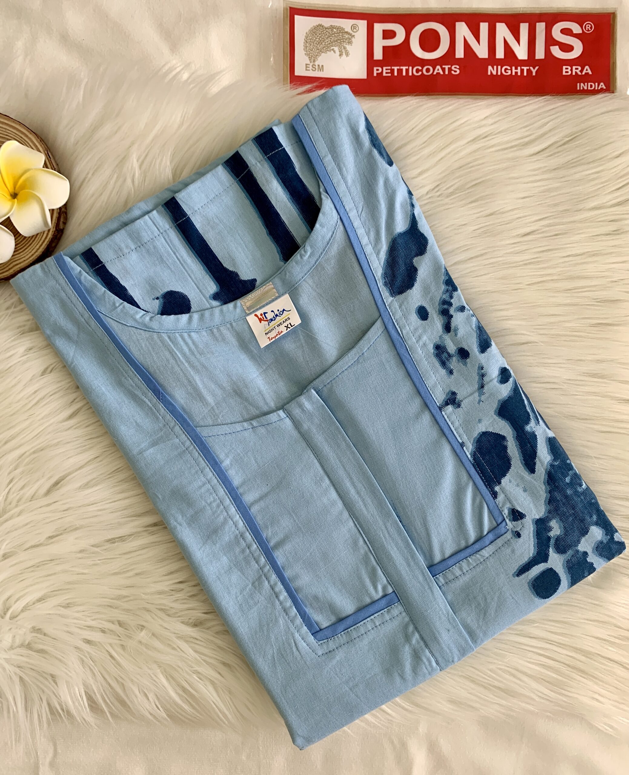 PONNIS Women’s Cotton A-line Printed Detailing Nighty with Lace and Front Zip inside Mobile Pocket (Toyota)/5411