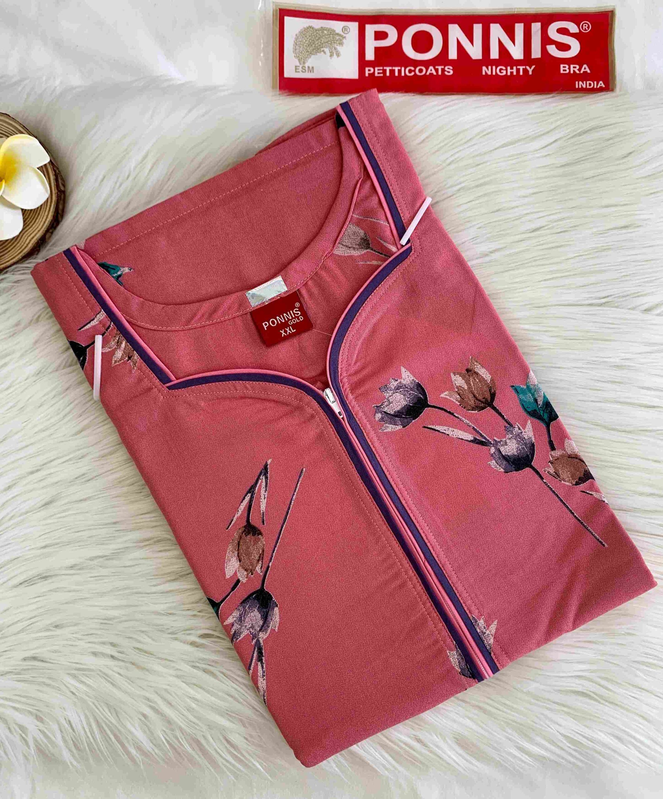 PONNIS Premium Alphine Nighty with Front Zipper and Stylish Piping (Orange)/51