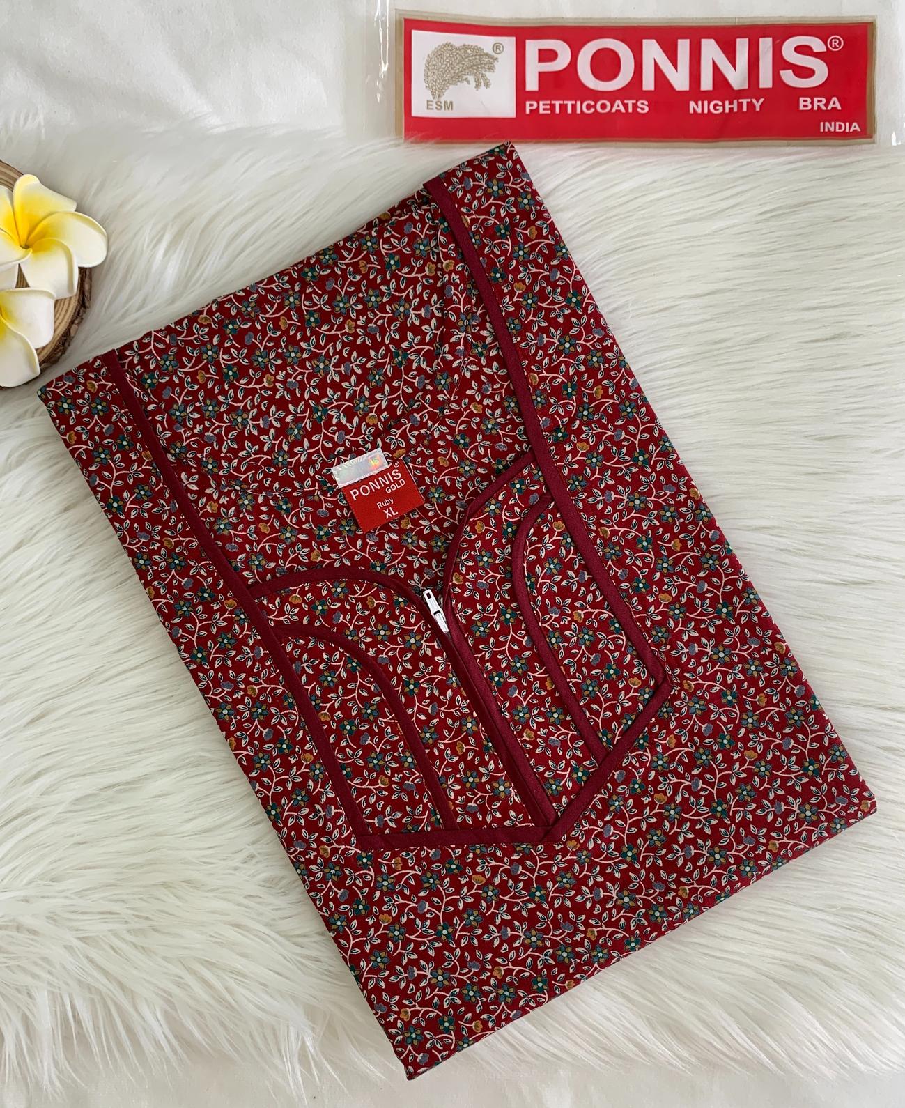 PONNIS Premium Cotton A-line Nighty with Front Zip and Floral design (Ruby)