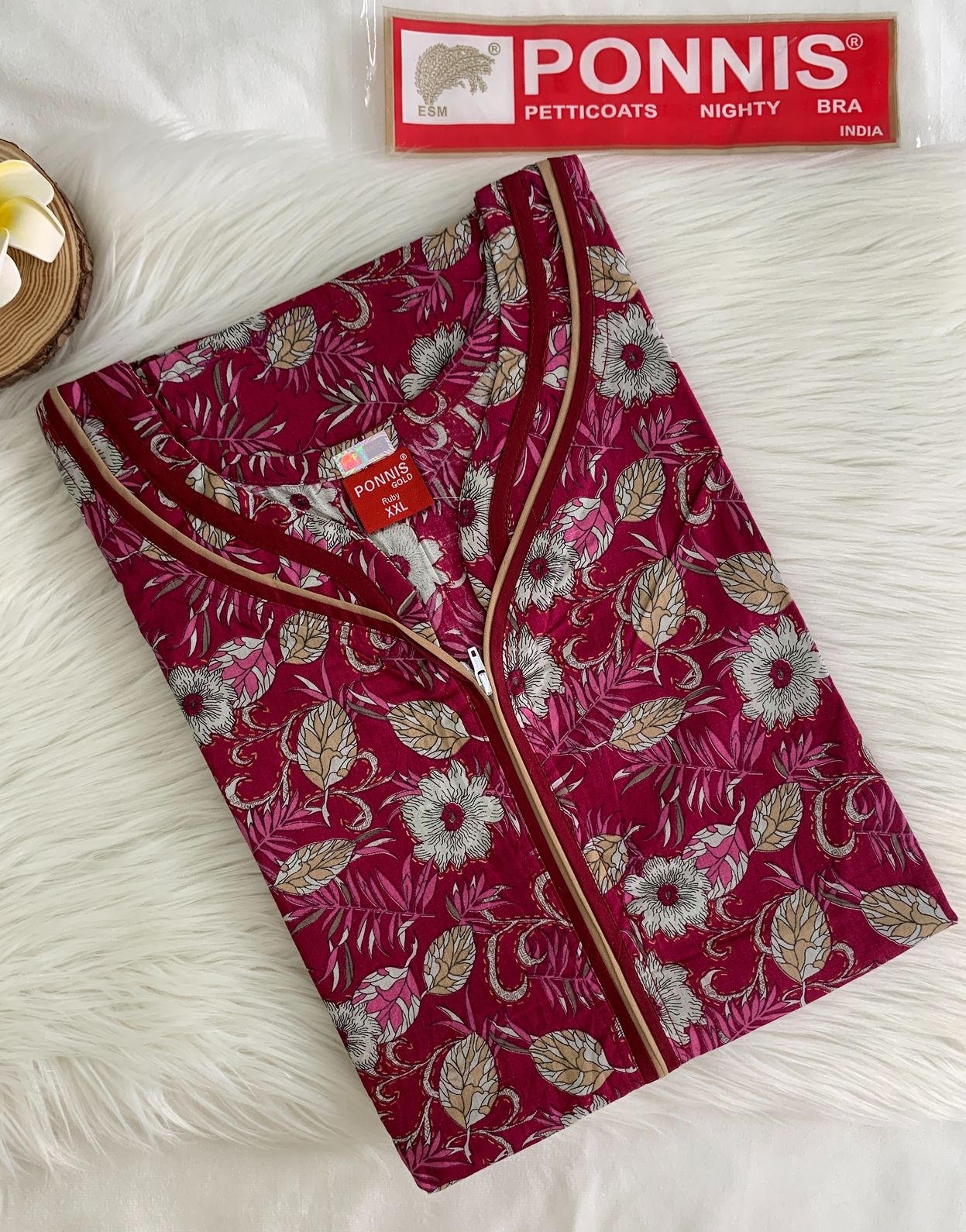 PONNIS Premium Cotton A-line Nighty with Front Zip and Floral design (Ruby) - Image 2