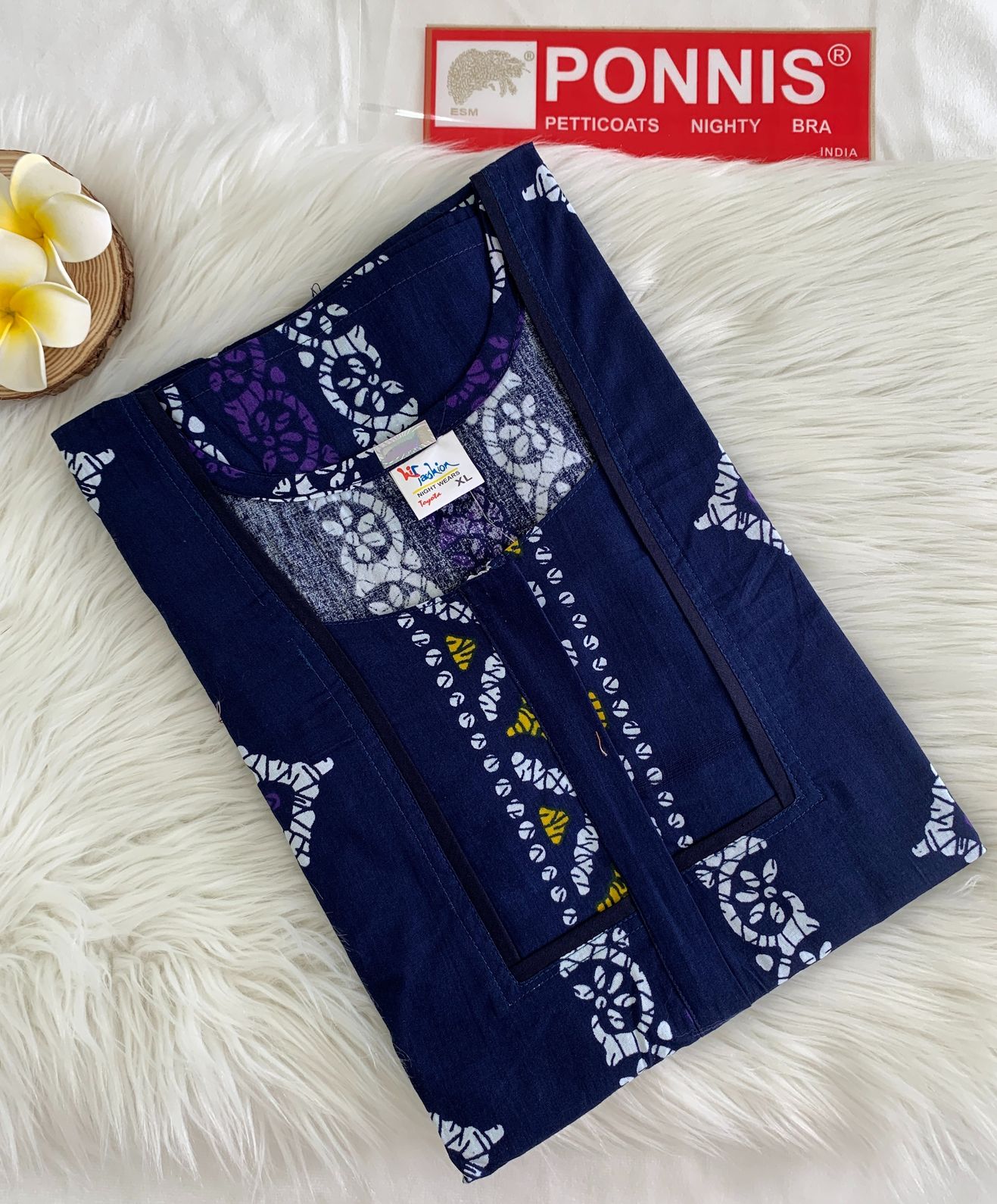 PONNIS Women’s Cotton A-line Printed Detailing Nighty with Lace and Front Zip inside Mobile Pocket (Toyota)/557