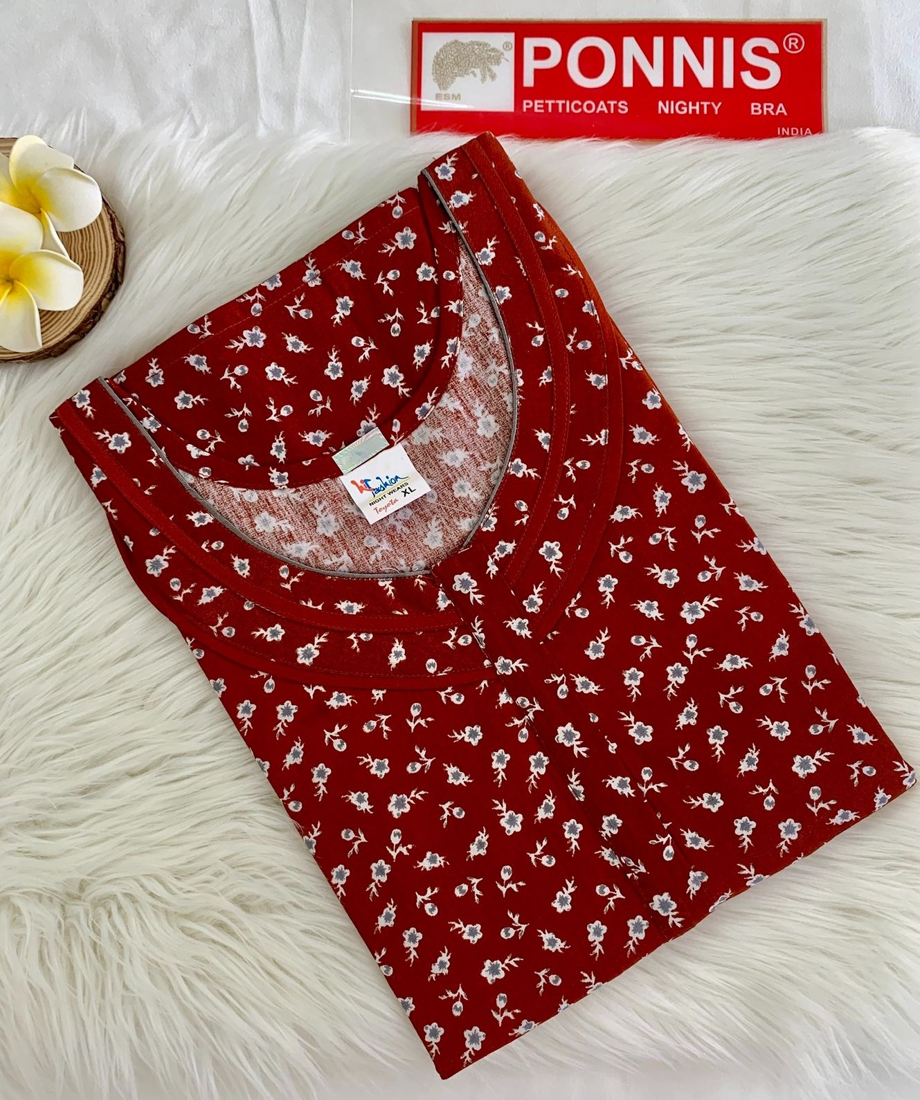 PONNIS Women’s Cotton A-line Printed Detailing Nighty with Lace and Front Zip inside Mobile Pocket (Toyota)/558
