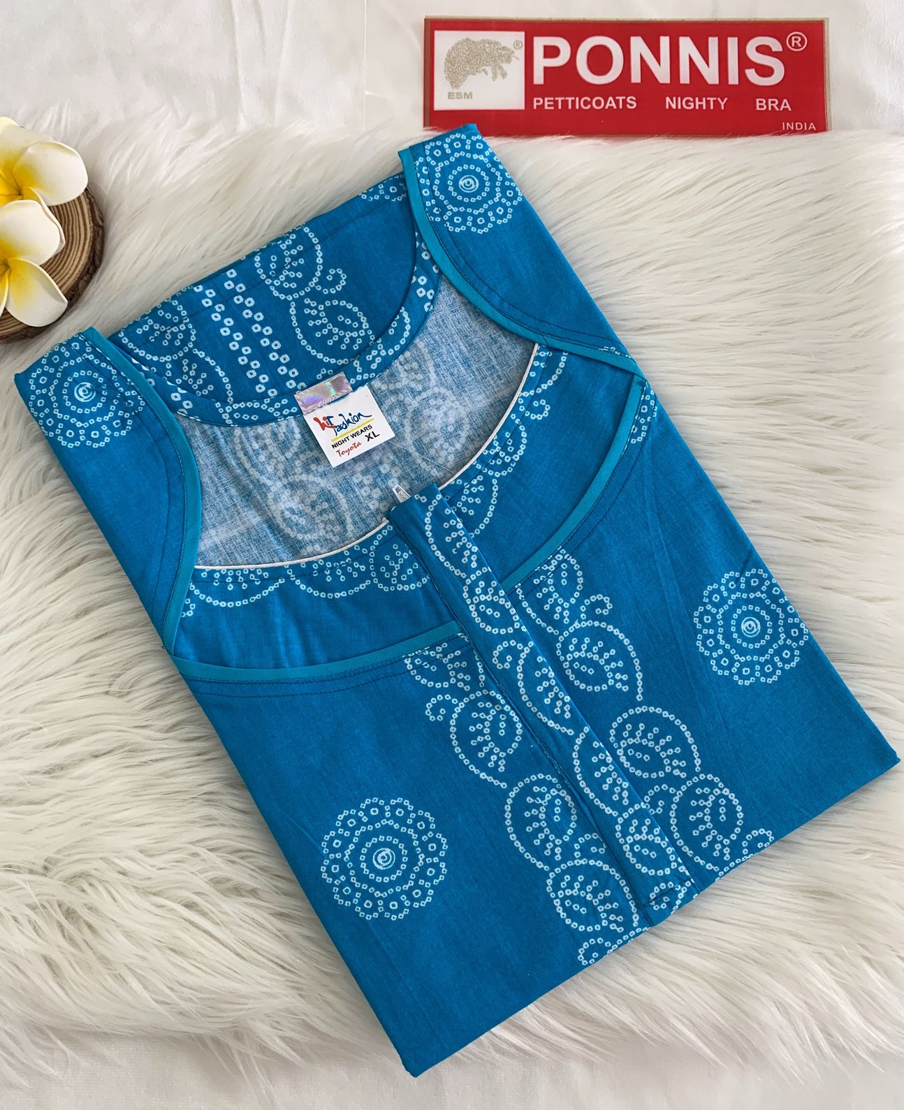PONNIS Women’s Cotton A-line Printed Detailing Nighty with Lace and Front Zip inside Mobile Pocket (Toyota)/559