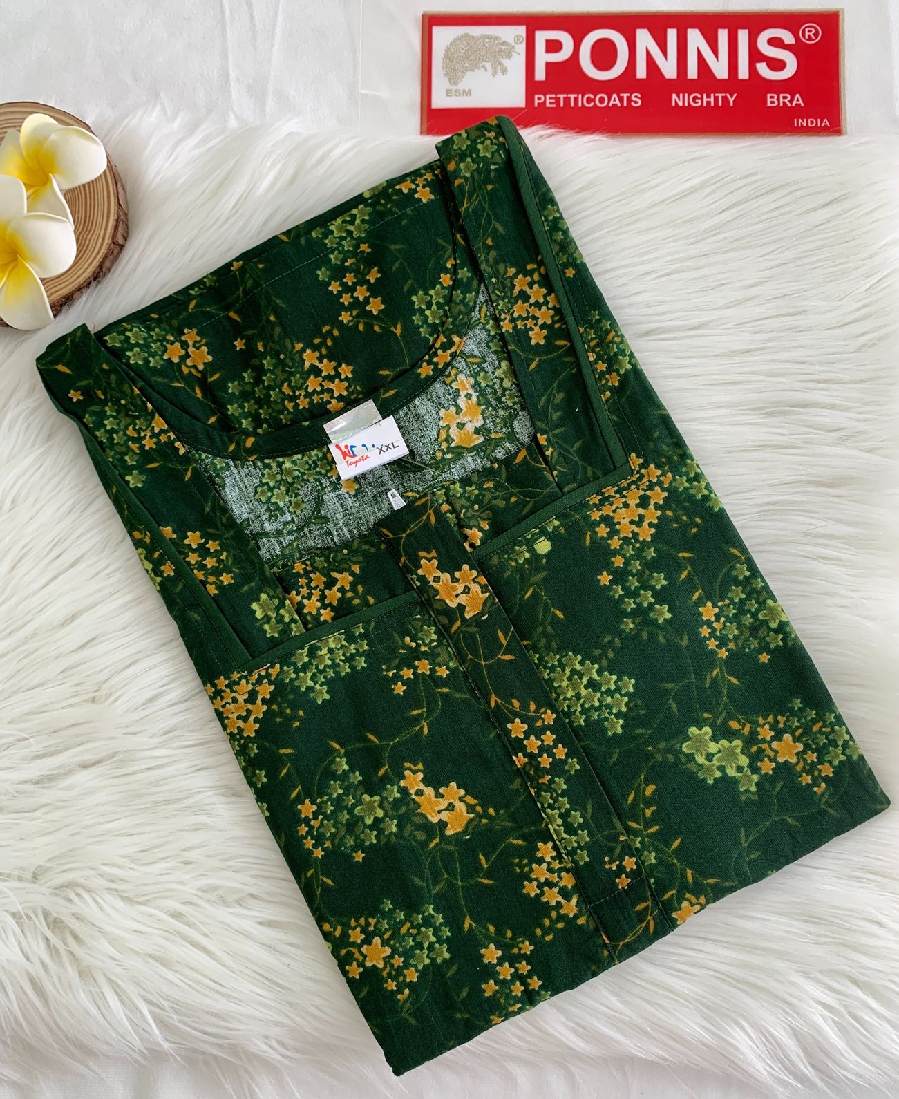 PONNIS Women’s Cotton A-line Printed Detailing Nighty with Lace and Front Zip inside Mobile Pocket (Toyota)/565