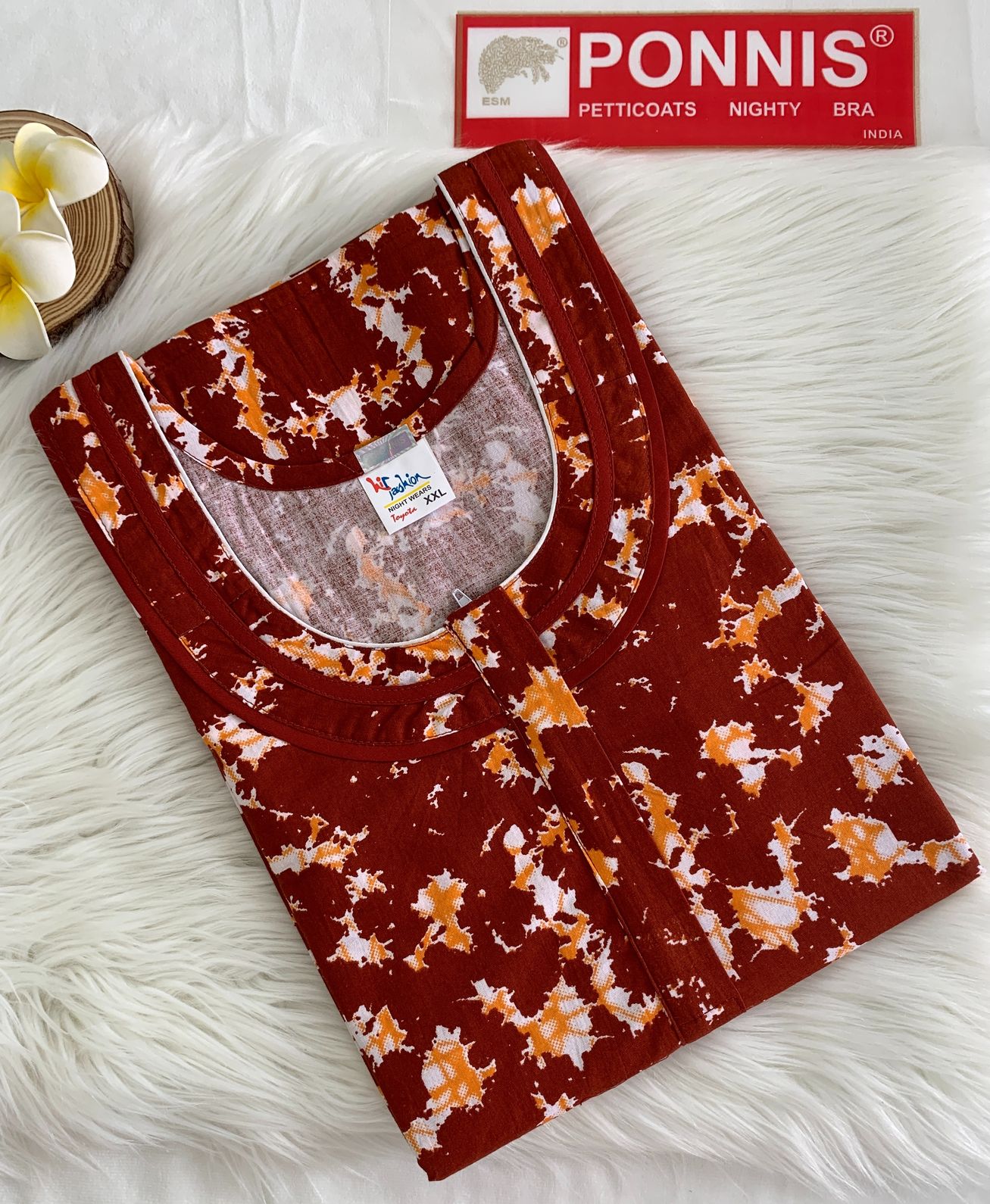 PONNIS Women’s Cotton A-line Printed Detailing Nighty with Lace and Front Zip inside Mobile Pocket (Toyota)/566