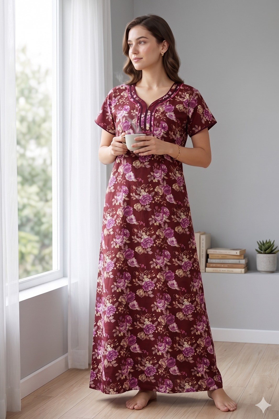 PONNIS Premium Cotton A-line Nighty with Front Zip and Floral design (Ruby)