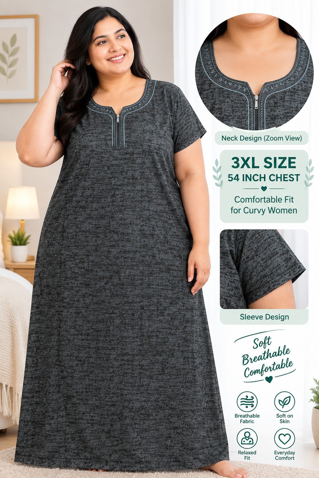 PONNIS Premium Women's A-line Cotton Nightwear with Front Laze and Zip Detailing Nighty (Cotton Combed)/12