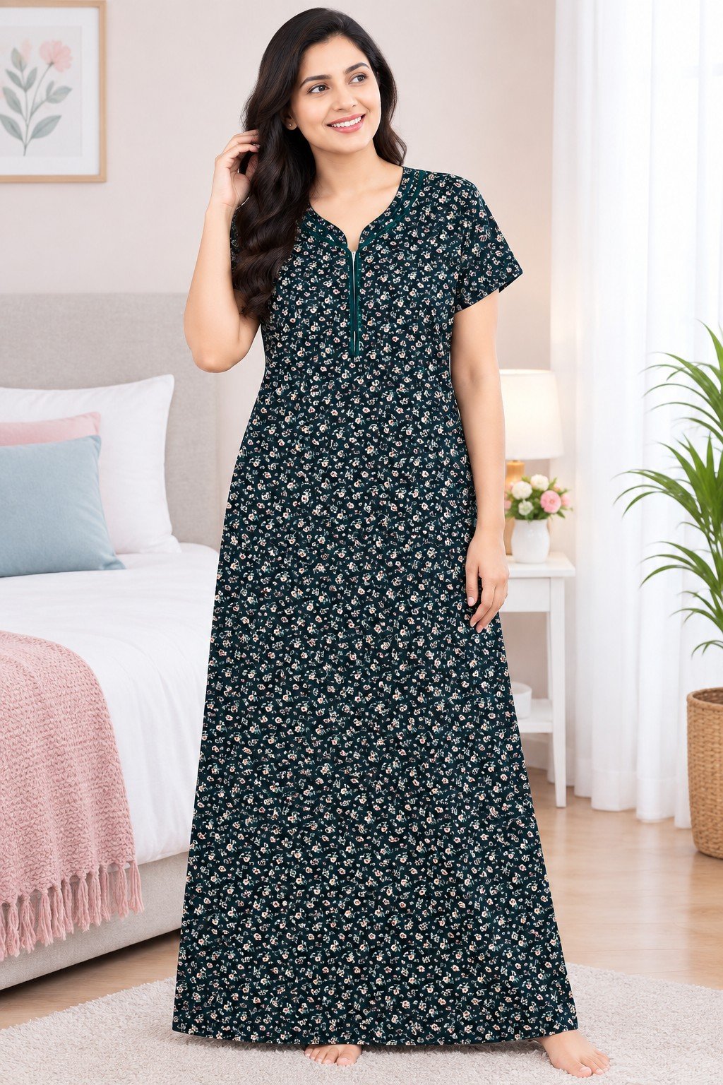 PONNIS Premium Cotton A-line Nighty with Front Zip and Floral design (Ruby)/124
