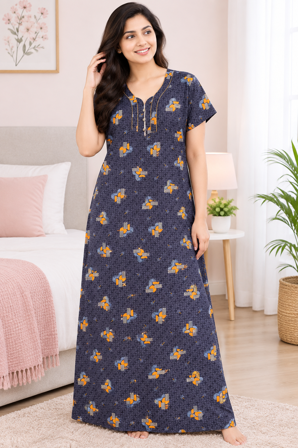 PONNIS Premium Cotton A-line Nighty with Front Zip and Floral design (Ruby)/120