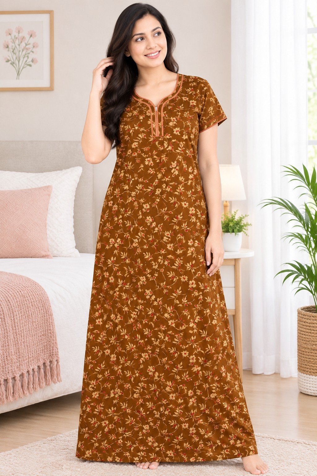 PONNIS Premium Cotton A-line Nighty with Front Zip and Floral design (Ruby)/125
