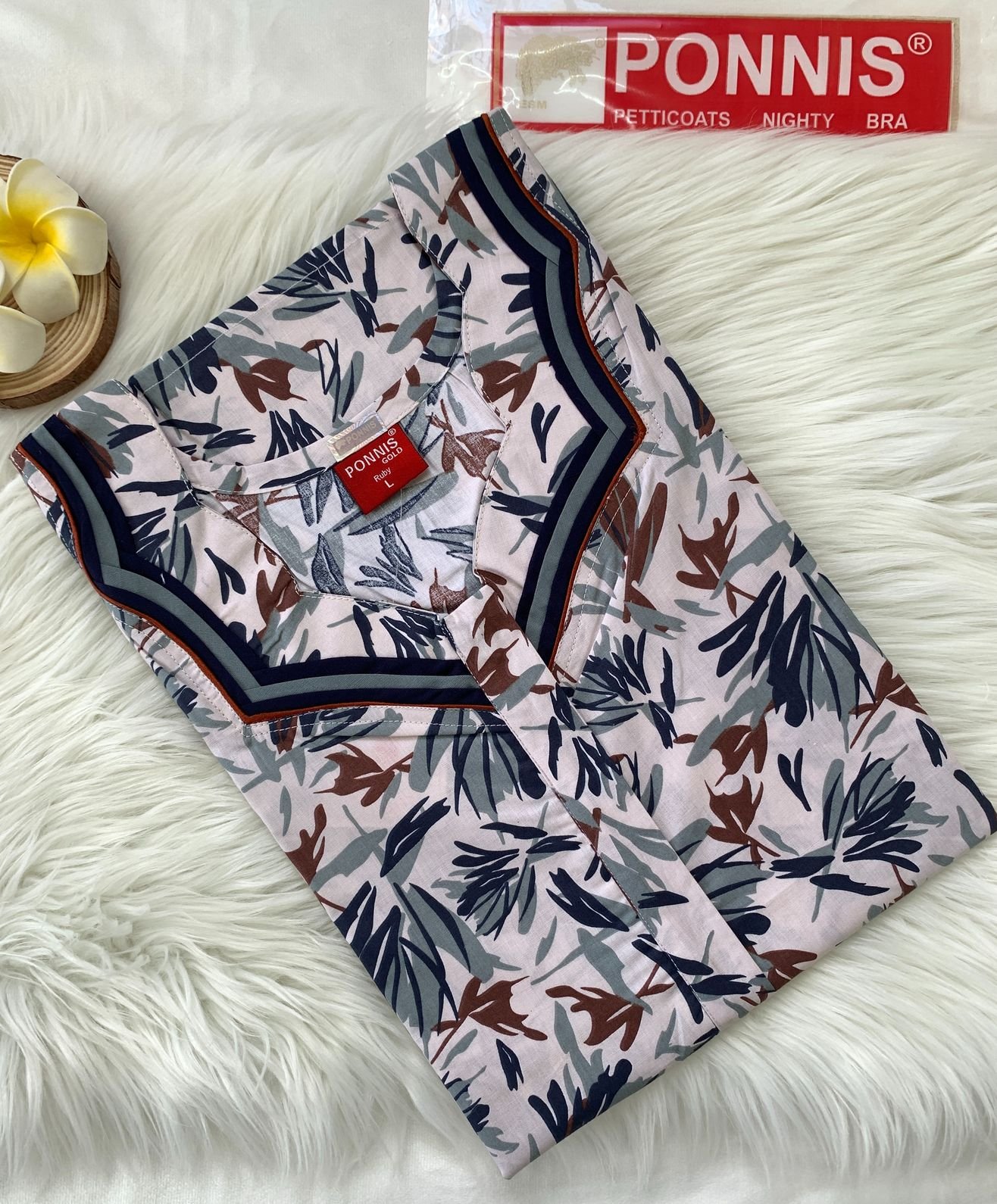 PONNIS Premium Cotton A-line Nighty with Front Zip and Floral design (Ruby)/118